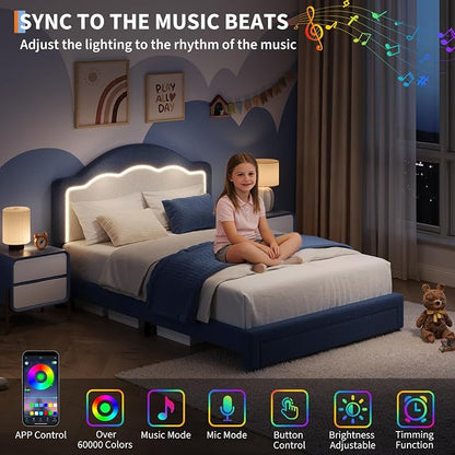 IDEALHOUSE Full Bed Frame with LED Headboard and Under-Bed Drawer, Boucle Fabric Upholstered Platform Bed with LED Light for Kids, Girls, Wooden Slats Support, No Box Spring Needed, Blue