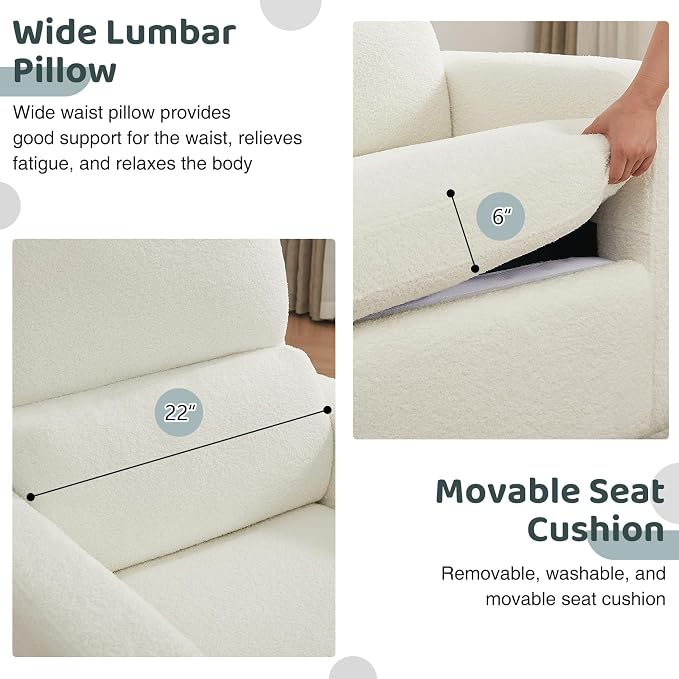 Swivel Rocker Recliner, Oversized Boucle Glider Recliner Nursery, Teddy Manual Swivel Rocking Reclining Chairs with Removable Cushion and Lumbar Support for Nursery Living Room Bedroom, White