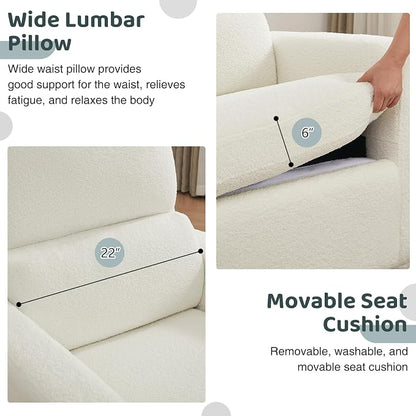 Swivel Rocker Recliner, Oversized Boucle Glider Recliner Nursery, Teddy Manual Swivel Rocking Reclining Chairs with Removable Cushion and Lumbar Support for Nursery Living Room Bedroom, White