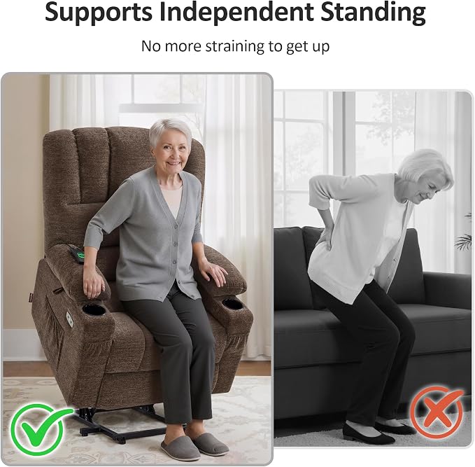 MCombo Power Lift Recliner Chair for Elderly, Lift Chair with Heat and Massage, USB &Type C Ports, Cup Holders, Fabric 7095 (Medium, Mocha)