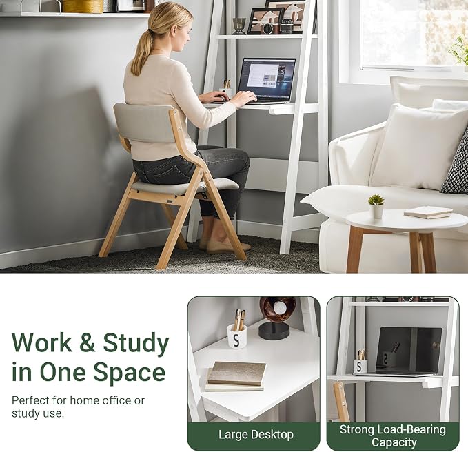 Haotian Ladder Desk with Shelves, Wall Desk for Small Space, Secretary Desk Workstation Dresser Shelf Freestanding Bookshelf, White FRG60-W | Freestanding Bookcase Desk for Storage & Study in Small Space, FRG60-W