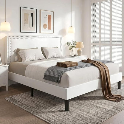 VECELO Queen Size Platform Bed Frame with Height Adjustable Upholstered Headboard, Modern Mattress Foundation,Strong Wood Slat Support, No Box Spring Needed, Easy Assembly,White