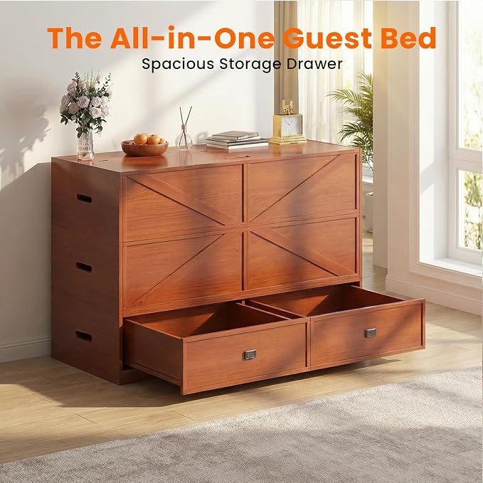 CECER 3-in-1 Full Murphy Bed with Mattress for Small Space -Maroon | Multi-Functional Desgin that Converts to Sofa Set，Bed and Cabinet，Easy Assemble ＆ Conversion