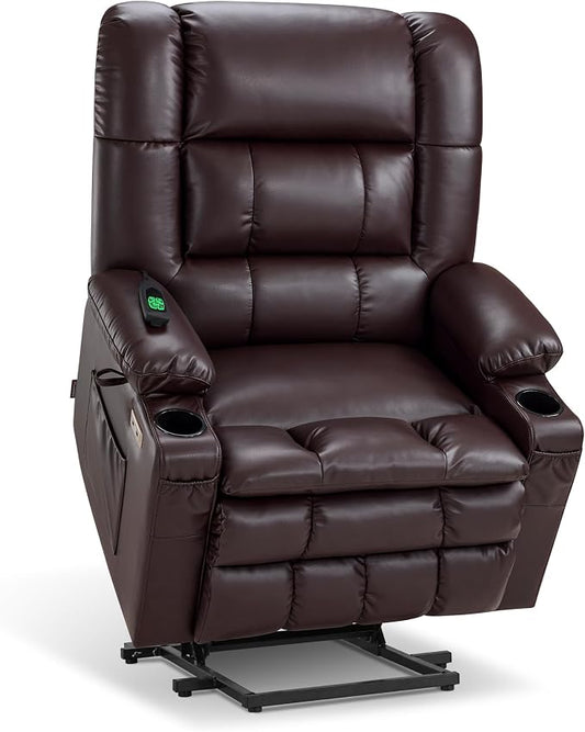 MCombo Dual Motor Power Lift Recliner Chair for Elderly, Lay Flat Lift Chair with Heat and Massage, Oversized Lift Recliner for Big and Tall, Faux Leather R7891 (Dark Brown, Large-Wide)