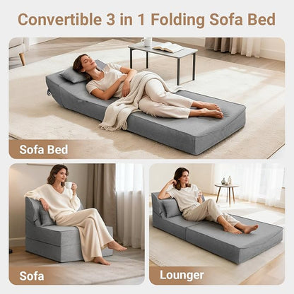 BeBen Folding Sofa Bed Chair, Convertible Sleeper Chair Futon Couch, Foldable Boneless Floor Lounge Sofa, Single Foam Chair Bed for Small Spaces, Dorm, Guest Room, Living Room, Apartment, Dark Grey