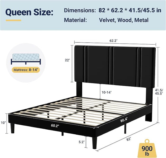 Allewie Queen Platform Bed Frame with Adjustable Headboard, Plush Velvet Upholstered, Vertical Channel Tufted, Sturdy Wooden Slats, No Box Spring Needed, Easy Assembly, Black