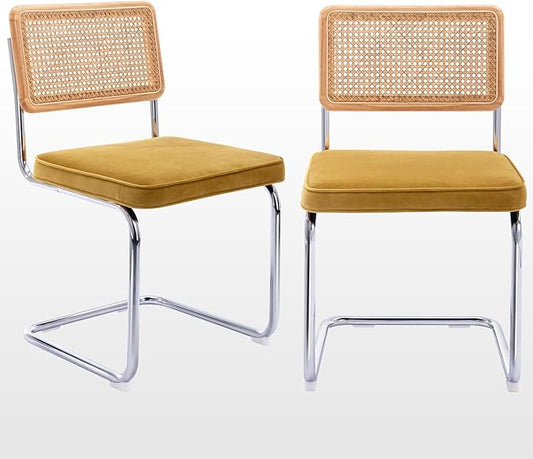 Zesthouse Natural Rattan Dining Chairs Set of 2, Modern Dining Room Chairs with Solid Wood Back for Kitchen Living Room, Mid Century Breuer Design Inspired, Upholstered Velvet Fabric, Yellow