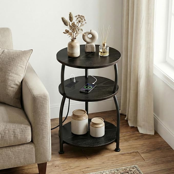 Round Side Table with Power Outlet & USB Ports, 3-Tier End Table with Storage Shelf, 15.7" Wide Nightstand for Small Spaces, Tall Bedside Table Capable of Charging Laptops & Phones, Black