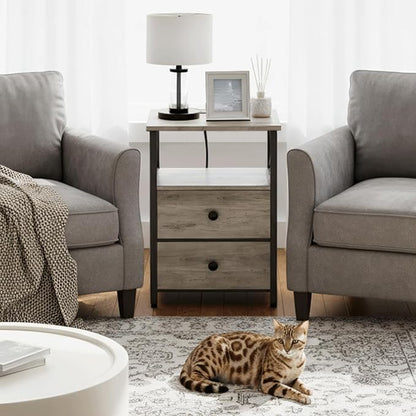 AMHANCIBLE Nightstands Set of 2, Night Stand with Charging Station, Small Bedside Table with 2 Fabric Drawers, End Tables Living Room with USB C Ports for Bedroom, Greige HET05XGY