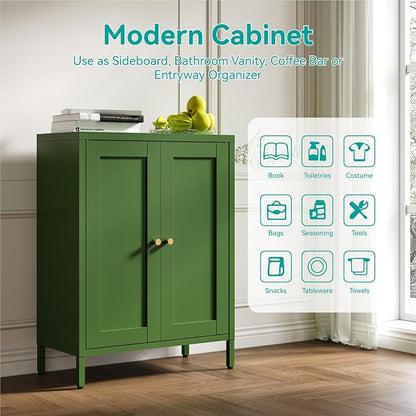 Small Metal Storage Cabinet, 23.6" Wide Bathroom Cabinet with 2 Adjustable Shelves, 3-Tier Shaker Sideboard Storage Unit for Entryway Living Room Kitchen,Forest Green