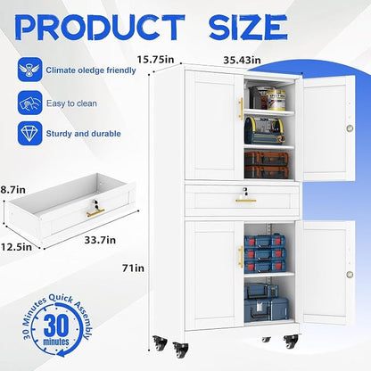 GAIOUS Metal Garage Storage Cabinet with Wheels and Drawer, Steel File Cabinet for Home Office, 71'' Tall Tool Cabinet with 4 Locking Doors and 3 Adjustable Shelves, Rolling Cabinet for Garage - White