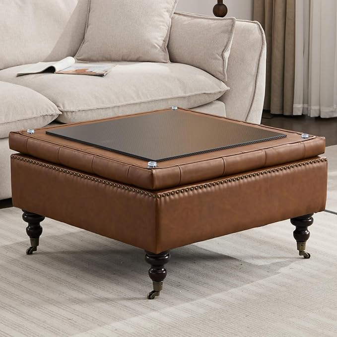 Large Square Storage Ottoman Uphlostered Tufted Button Coffee Table, Oversized Footrest Bench with Castered Rolling Wheels for Living Room, Brown Faux Leather