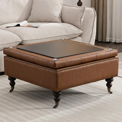Large Square Storage Ottoman Uphlostered Tufted Button Coffee Table, Oversized Footrest Bench with Castered Rolling Wheels for Living Room, Brown Faux Leather