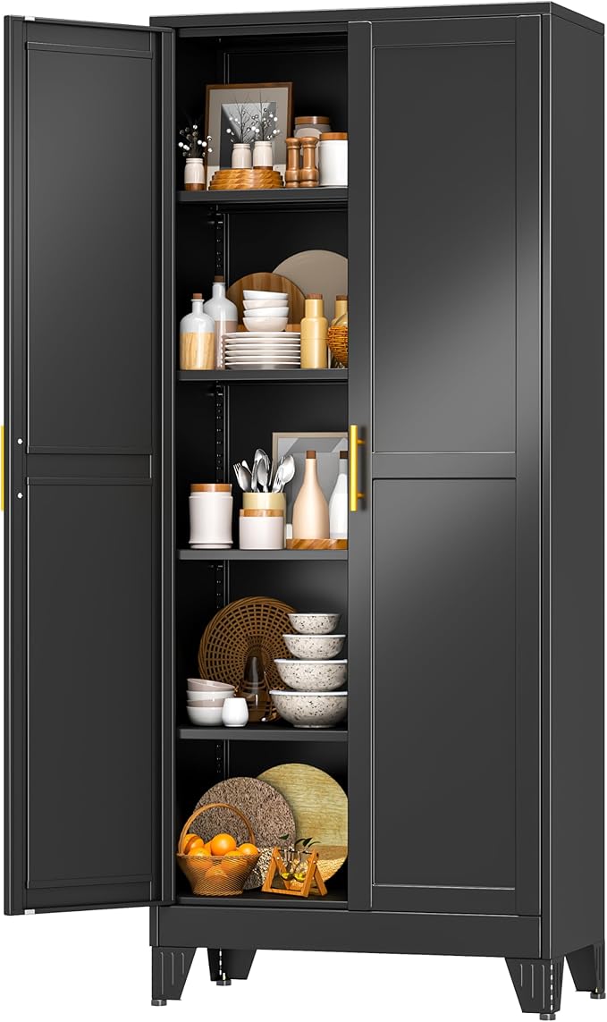 Black Pantry Storage Cabinet, 71" Metal Kitchen Pantry Storage | Steel Storage Cabinets with Doors and 4 Adjustable Shelves, Metal Storage Cabinet, for Office, Home, Garage, School