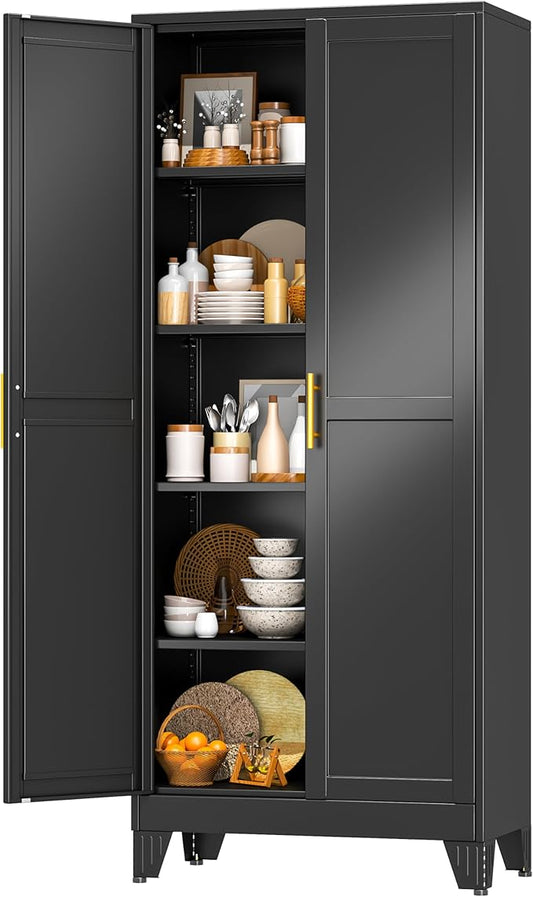 Black Pantry Storage Cabinet, 71" Metal Kitchen Pantry Storage | Steel Storage Cabinets with Doors and 4 Adjustable Shelves, Metal Storage Cabinet, for Office, Home, Garage, School