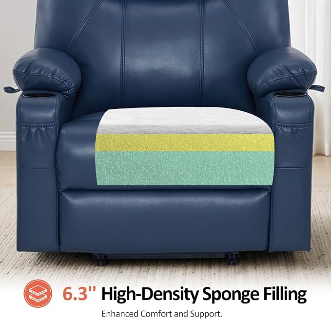 MCombo Oversized Power Lift Recliner Chair for Elderly, Lift Chair with Heat and Massage for Big and Tall, USB&Type C Ports, Cup Holders, Faux Leather R7510 (Blue, Large-Wide)