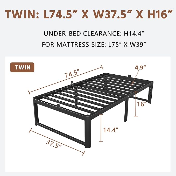 ZTH Twin Size Metal Platform Bed Frame 16 in, No Box Spring Needed, Black | Heavy duty support, Underbed storage, Noise-free design, Anti-slip clips, Rounded legs, Easy assembly, Headboard compatible