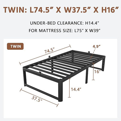 ZTH Twin Size Metal Platform Bed Frame 16 in, No Box Spring Needed, Black | Heavy duty support, Underbed storage, Noise-free design, Anti-slip clips, Rounded legs, Easy assembly, Headboard compatible
