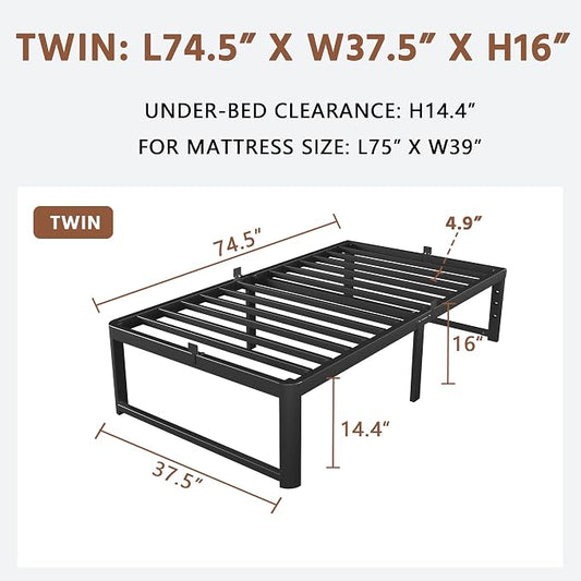 ZTH Twin Size Metal Platform Bed Frame 16 in, No Box Spring Needed, Black | Heavy duty support, Underbed storage, Noise-free design, Anti-slip clips, Rounded legs, Easy assembly, Headboard compatible