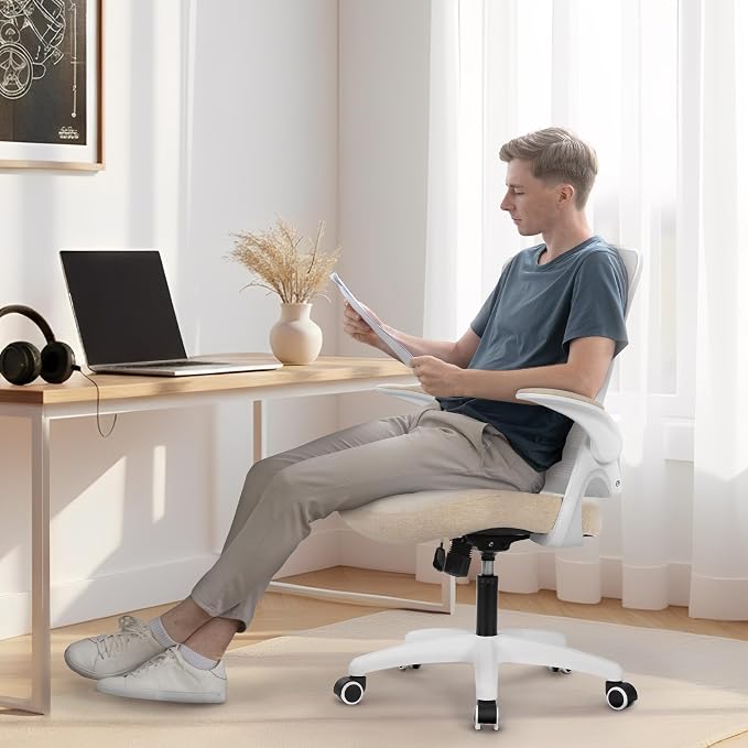 NEO CHAIR Office Desk Gaming Chair Computer High Back Mesh Seat with Rolling Wheels Ergonomic Adjustable Comfy Flip-up Armrests Lumbar Support Height for Home (Beige White Frame)