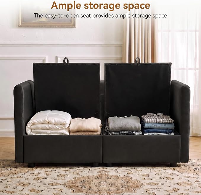 55" Black Faux Leather Storage Loveseat Sofa, Upholstered 2 Seater Sofa | Modern Deep Seat Cloud Sofa Chair, Small Love Seat Comfy Modular Sectional Sofa for Living Room, Bedroom, Small spaces