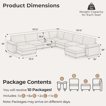 SITJOY Large Cloud Couch, 138" Wide 7 Seater V Shape, Faux Leather in White | Pet-Friendly Scratch-Resistant Leather Sectional Sofas for Living Room, Deep Seat Wide Couch with Chaise, Storage Ottoman