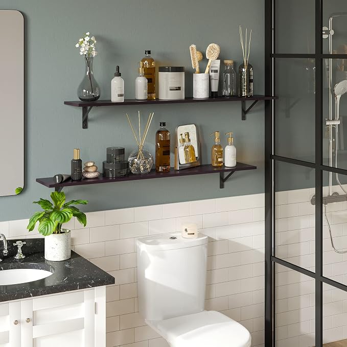 DINZI LVJ Long Wall Shelves, 47.3Inch Wall Mounted Shelves Set of 2, Extra Large Wall Storage Ledges with Sturdy Metal Brackets for Living Room, Bathroom, Bedroom, Kitchen, Espresso