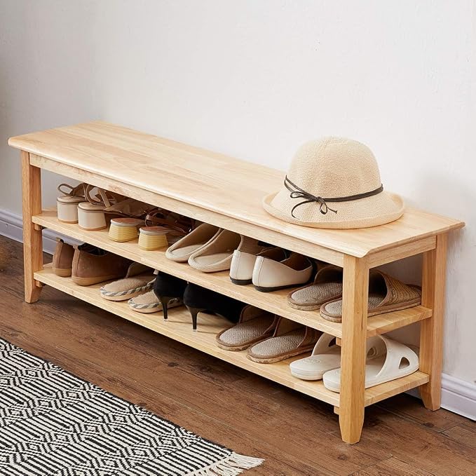 Dewfig Shoe Rack Bench, 3-Tier Shoe Shelf Organizer,10-12 Pairs Entryway Storage Bench for Hallway, Bedroom, Living Room, Bedroom, Hold up to 550 lbs, Solid Wood, Natural
