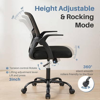 DUMOS Home Office Desk Chair - Ergonomic Computer Mesh Chair with Lumbar Support & Rocking Mode, Height Adjustable, Flip-up Armrest, for Conference, Meeting Room, 360° Swivel, Adults, Black