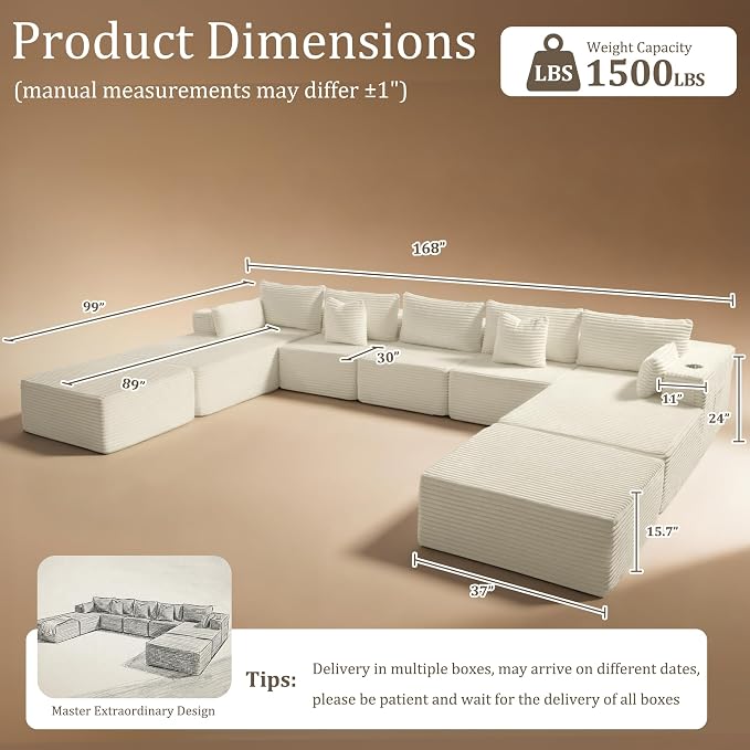 168" Cloud Sectional Couch, Comfort U Shaped Sofa for Living Room, Extra Deep Seats No Assembly, Minimalist Modular Couch, Corduroy (Cream, 9 Seats,U-Shape B)