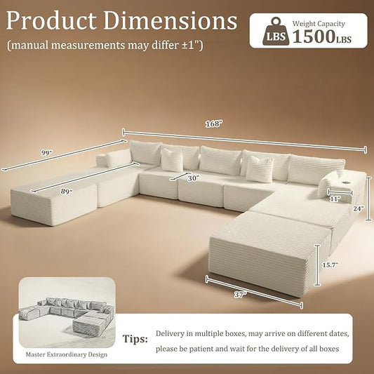 168" Cloud Sectional Couch, Comfort U Shaped Sofa for Living Room, Extra Deep Seats No Assembly, Minimalist Modular Couch, Corduroy (Cream, 9 Seats,U-Shape B)