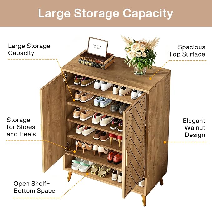 Tribesigns 6-Tier Shoe Cabinet with Doors (Light Brown)
