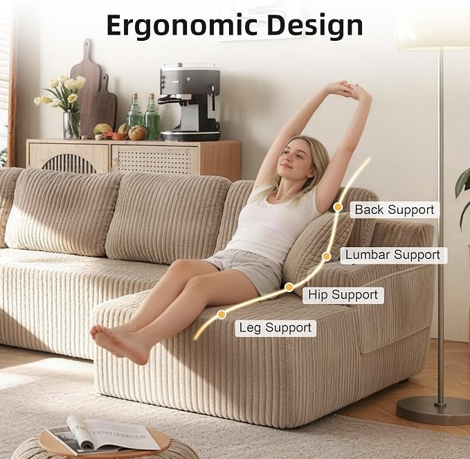 130" U-Shaped Modular Sectional Sofa with Chaise, Boneless Corduroy Flexible Module Seating for Living Room, Cloud Couch with Cup Holders and Side Pockets, No Assembly (Taupe)