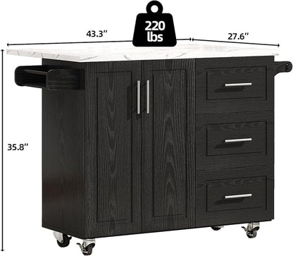 4 EVER WINNER 43" Modern Kitchen Island on Wheels with Drop Leaf & Storage, Faux Marble Tabletop, 3 Drawers with Spice Rack & Towel Rack, Rolling Kitchen Cart for Small Space, Black