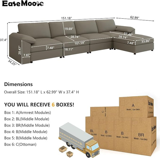 EASE MOOSE Oversized Modular Sectional Sofa,Leather Sectional Couch with Deep Seat,Extra Large L Shaped Couch,Modern Comfy Scratch Resistant Faux Leather Material Sofa,Light Grey