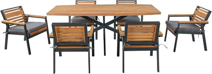 Quarte Stylish 7-Piece Acacia Wood and Iron Dining Set with Removable Cushions – Perfect for Indoor and Outdoor Family Gatherings (Gray/m+w)