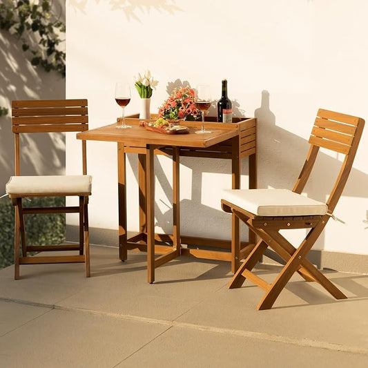 IDZO Natural 3-Piece Bistro Set: Foldable 400lbs Chairs, 220lbs Shelf Table, FSC Acacia Wood, Washable Cushions, Ergonomic Patio Bistro Sets Design