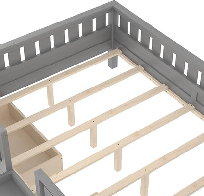 Queen Platform Bed with Storage Drawers and Bookshelves, Kids Platform Bed Frame with Low-profile Stairs and Full-length Guardrails, Queen Bed Frame for Boys, Girls, No Box Spring Needed, Gray