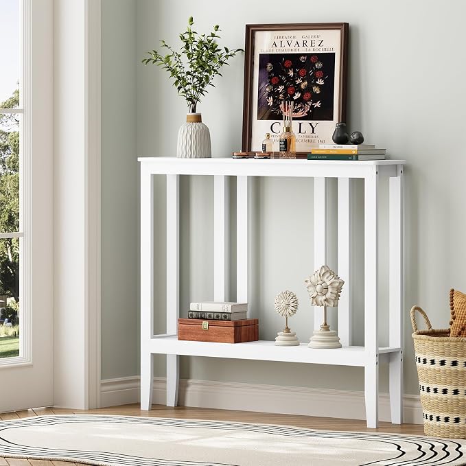 ELYKEN Bamboo 2-Tier Narrow Console Table, 36.2" Long Slim Sofa Table Behind Couch for Entryway, Hallway, Living Room, White