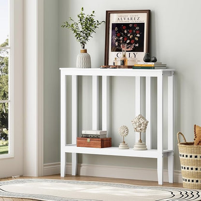 ELYKEN Bamboo 2-Tier Narrow Console Table, 36.2" Long Slim Sofa Table Behind Couch for Entryway, Hallway, Living Room, White