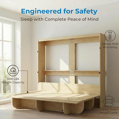 Mjkone Queen Size Wall Bed with Storage Shelf, Queen Wall Cabinet Murphy Beds with Bookshelf, 82" W Top Cabinet Bed Frame, Space-Saving Cabinets Beds for Bedroom/Guest Room/Studio/Office - Wood Color
