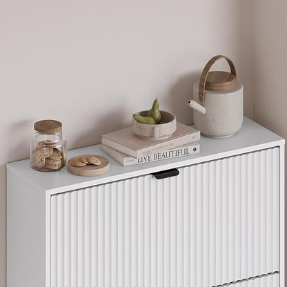 BORNOON Entryway Shoe Cabinet with 3 Flip Drawers, Narrow Shoe Organizer Cabinet with Fluted Panel and Adjustable Shelves for Foyer, Hallway