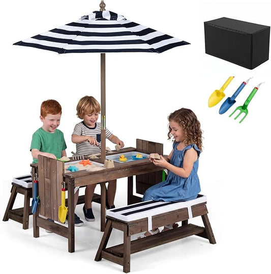 Costzon 4-in-1 Kids Picnic Table with Umbrella, Sand & Water Sensory Bins | Wooden Toddler Outdoor Table with Benches, Cushions, Cover, Gardening Tools, Kids Outdoor Furniture for Patio Backyard