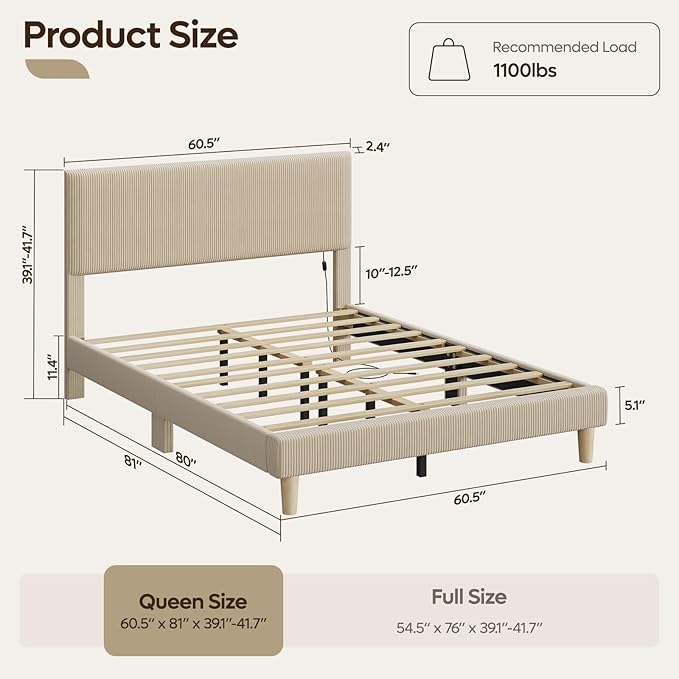 Bestier Queen Size Bed Frame with Headboard LED Lighting,Upholstered,Taupe | Easy Assembly,LED Light Headboard,No Squeaks,Vertical Channel Corduroy Upholstered,Wood Slats Support,No Box Spring Needed