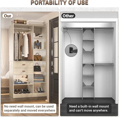Armocity Freestanding Closet System, 40 Inches Stand-Alone Wardrobe with 10 Shelves, 80'' Height Adjustable Cloth Garment Rack with 2 Wood Drawers, Wood Walk-in Closet with Hanging Rod, White Oak