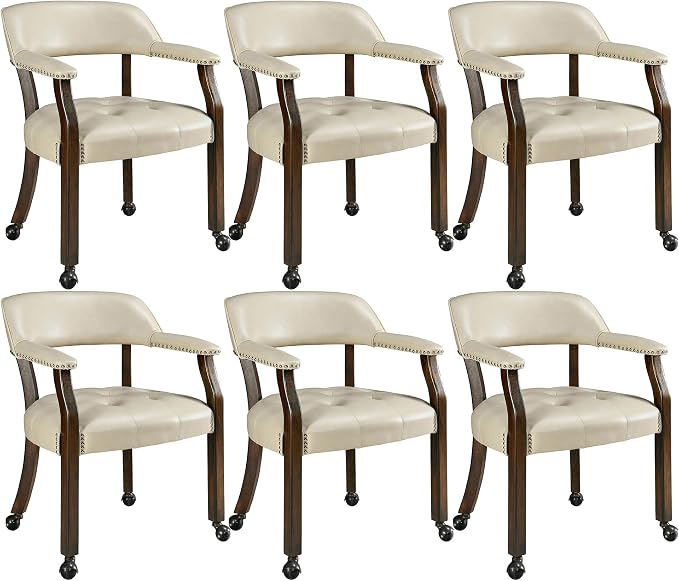 LEEMTORIG Set of 6 Large Dining Chairs with Casters and Arms, Rolling Dining Chairs with Wheels Game Chairs, Wood Boss Caption's Chair, 26"D x 25.2"W x 31.5"H, Espresso Legs & Beige PU, XXY-1910-BG