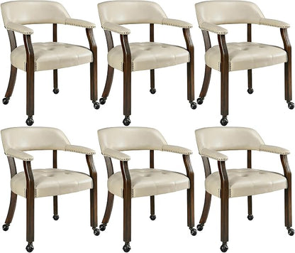 LEEMTORIG Set of 6 Large Dining Chairs with Casters and Arms, Rolling Dining Chairs with Wheels Game Chairs, Wood Boss Caption's Chair, 26"D x 25.2"W x 31.5"H, Espresso Legs & Beige PU, XXY-1910-BG