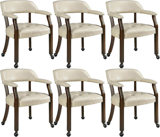 LEEMTORIG Set of 6 Large Dining Chairs with Casters and Arms, Rolling Dining Chairs with Wheels Game Chairs, Wood Boss Caption's Chair, 26"D x 25.2"W x 31.5"H, Espresso Legs & Beige PU, XXY-1910-BG