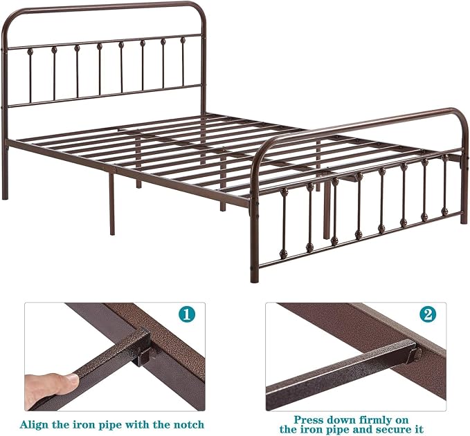 VECELO Purple Bronze Victorian Style Metal Bed Frame with Headboard/Mattress Foundation/No Box Spring Needed/Under Bed Storage and Strong Slat Support Queen Size