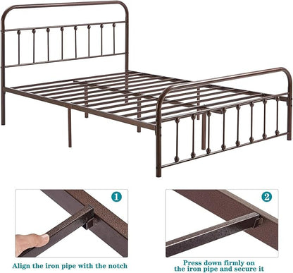 VECELO Purple Bronze Victorian Style Metal Bed Frame with Headboard/Mattress Foundation/No Box Spring Needed/Under Bed Storage and Strong Slat Support Queen Size
